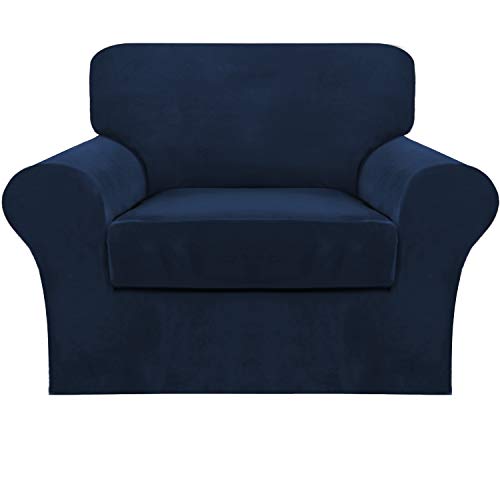 FantasDecor 2 Piece Chair Sofa Covers Velvet for Living Room Slipcovers with Individual Cushion Elastic Furniture Protector for Pets, Machine Washable (Armchair, Navy)