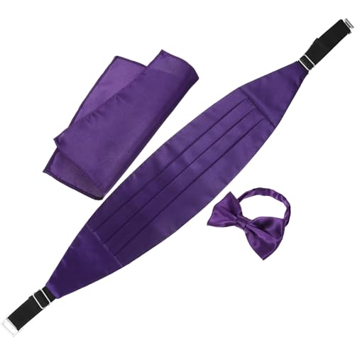 Set de corbata de moño, fajín y pañuelo de bolsillo morado