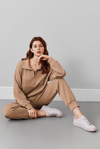 Image of PINSPARK 2 Piece Sets for Women Long Sleeve Half Zip Tracksuit Jogger Sets | 2026 Fall Travel Outfits Lounge Set, Lightweight Soft Air Layer Fabric, Kangaroo Pocket Sweatshirt, Drawstring Joggers Pants