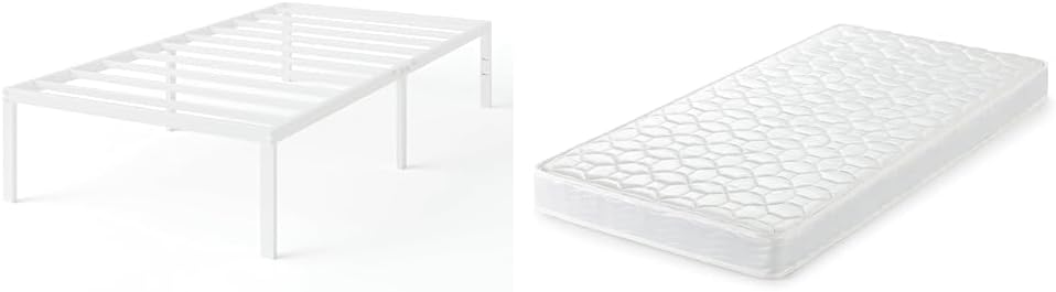 Zinus Yelena Classic Metal Bed Frame, White, 5.9 inches 15 cm, Basic Pocket Coil Mattress, White, Single, Soundproofing, Pipe, Storage Space, No Tools Required, Easy Assembly