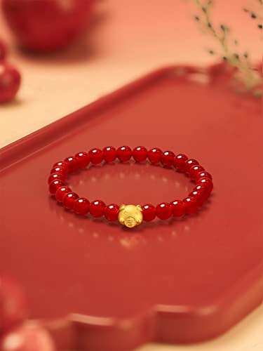 24K Solid Gold Bracelets for Women, Stretchable Lucky Animals Real Gold Rabbit Bangle Charm Bracelets, Pure Gold Agate Beaded Zodiac Bunny Bracelet2