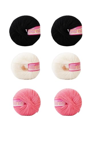 Image of Vardhman BabySoft Knitting Yarn | 100% Acrylic Wool | 4 Ply | Thin Knitting & Crocheting Hook Thread & Lightweight | Special Baby Wool | 150 Grams (6 Balls of 25g) | Machine Washable | Ideal for Blankets, Hats, Booties Ultra-Soft for Baby Sweaters, Blankets, Caps, Socks, Soft toys, Art & craft (Sachet Pink 10 + Off White 11 + Black 21)