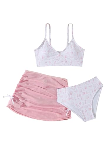 Image of COZYEASE Girls' 3 Piece Set Floral Print Bikini Swimsuit with Drawstring Beach Skirt Cute Ruched Bathing Suit