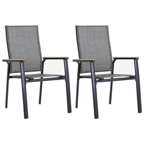 PHI VILLA Gartenstuhl 2er Set Stapelbaren, Tragbaren Gartenstühle Hochlehner, Leichte Outdoor Sessel, Pulverbeschichteter Aluminium-Außensessel Balkonstuhl für Balkon Veranda,Grau