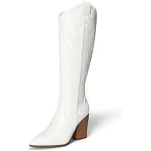 DREAM PAIRS Cowboy Boots For Women, Comfortable Pull On Zipper Chunky Heel Pointed Toe Embroidered Western Cowgirl Knee High Boots 6.5 White