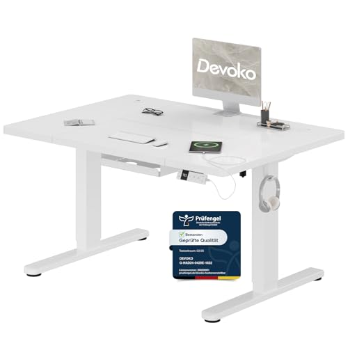 Devoko Höhenverstellbarer Schreibtisch 120x80cm mit Typ-C Ladeanschluss, Schreibtisch Höhenverstellbar Elektrisch, Mobiler Elektrisch Computertisch mit Kabel Management Tray, Weiß