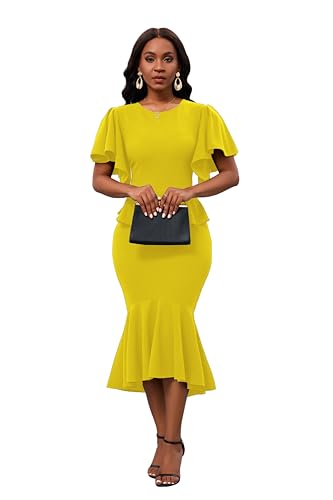 Image of Womens Summer Ruffle Short Sleeve Fishtail Dress Evening Cocktail Formal Peplum Midi Mermaid Dresses Elegant