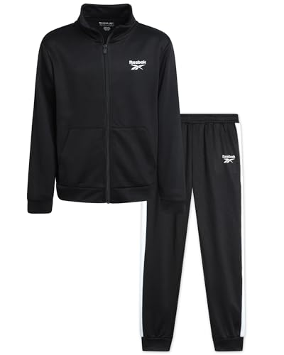 Reebok Boys Tracksuit Set - 2 Piece Athletic Tricot Joggers Set with Fleece Lined Zip Up Jacket and Active Boys Sweatpants Size 12 Black/White