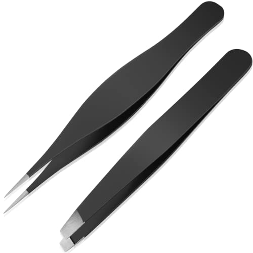 Eyebrow Tweezers for Women Men Set of 2 Stainless Steel Slant and Pointed Tweezers Precision Splinter Tweezers Facial Ingrown Hair Remover Tool for Eyelash Plucking Face Nose Blackhead Removal, Black