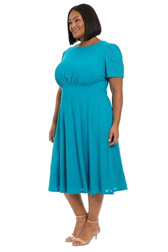 Image of London Times Women's Women's Eyelet Midi A-line Dress with Puff Sleeves - Gathered Waist Empire Cut - Wedding Guest Dress