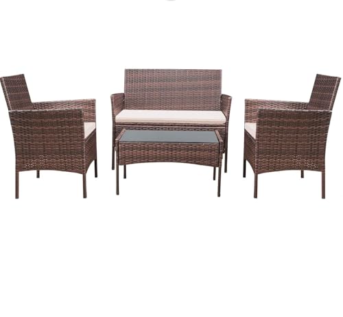 Drmilito Ensemble Salon de Jardin en Résine Extérieur 4 Pièces Terrasse Exterieur Mobilier de Jardin Fauteuils, 1 Canapé 2 Places et 1 Table Tressée pour...