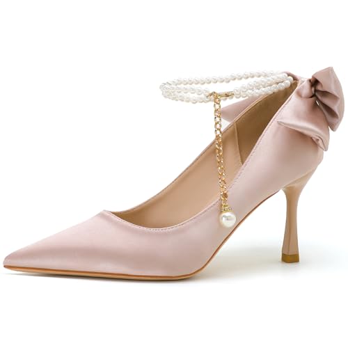 Escarpins à bout pointu en satin avec chaîne perle et nœud élégant