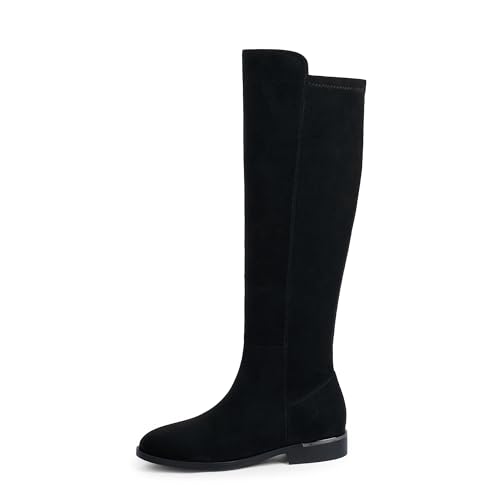 Image of Modatope Rounded Toe Flat Stretchy Dress Knee High Boots Side Zipper | Suede Elastic Fall Winter Boots, Low Chunky Block Heel Riding Boots,2026 Fashion Womens Tall Long Boots