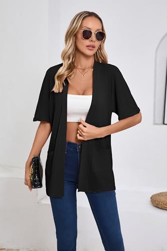 Image of Iandroiy Women's Lightweight Open Front Cardigans Casual Short Sleeve Blouse Tops