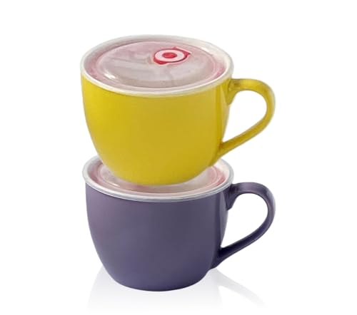 BOWLLER 30oz Porcelain Bowl with Lid and Handle for Soup, Salad, Cereal and Instant Noodles, Soup Mug with Heat Preservation Handle, Purple and Yellow