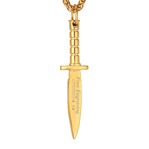U7 Men Cool Dagger Sword Necklace 18K Gold Plated Punk Hip Hop Knife Pendant Customized Engraved Necklaces for Men Women