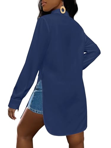 Image of LYANER Women's Collar Neck Long Sleeve Button Down Shirts Sexy Split Hem Tops Long Blouse Shirt Dress