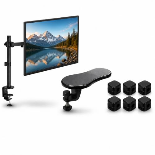 Image of FreshDcart Monitor Desk Mount with Laptop Tray, Adjustable Computer Arm Support & 6 Magnetic Cable Organizers | Ergonomic Screen Desk Setup | Space Saving Heavy Duty Clamp Mount for Home & Office
