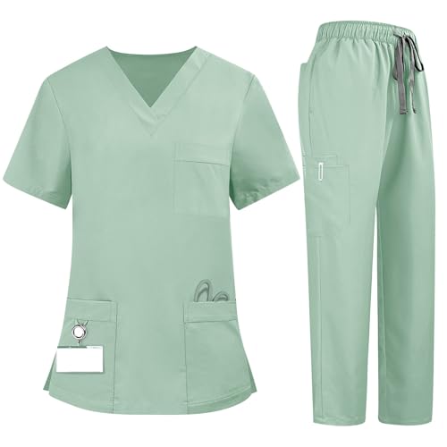 Uniformes De Enfermeras De Mujer Scrubs for Women Set with 8 Pockets Stretch Nursing Fitted Classic V Neck Top with Jogger Style Pants Nursing 2 Piece Uniforms Scrub Suit(Mint Green,Medium)