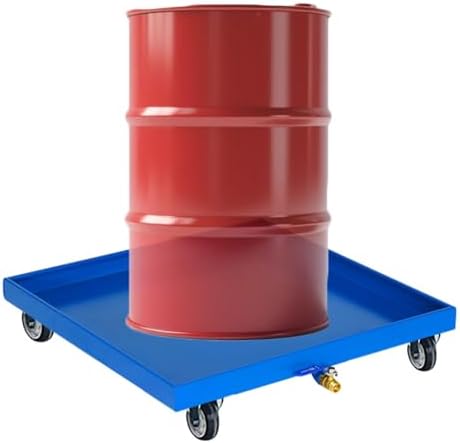 Movable Industrial Spill Containment Pallet with Wheels Metal Spill Platform Drain Outlet Forklift Accessible Durable Spill Tray for Easy Transport and Cleanup，Blue c 25.6x25.6x5.9in