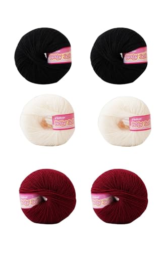 Image of Vardhman BabySoft Knitting Yarn | 100% Acrylic Wool | 4 Ply | Thin Knitting & Crocheting Hook Thread & Lightweight | Special Baby Wool | 150 Grams (6 Balls of 25g) | Machine Washable | Ideal for Blankets, Hats, Booties Ultra-Soft for Baby Sweaters, Blankets, Caps, Socks, Soft toys, Art & craft (Black 21 + Off White 11 + Maroon 20)