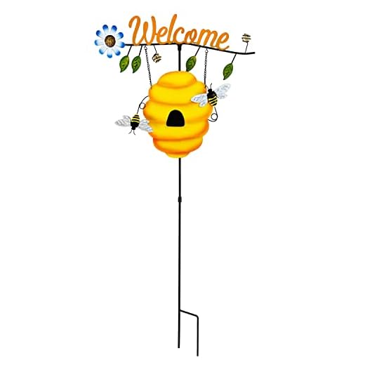 SAGUZOU Metal Beehive Garden Stakes Decorative Honey Bee Spring Yard Art Decor Fence Patio Pathway Lawn Garden Spring Outdoor Decorations 36 Inches