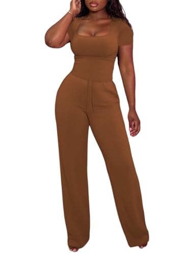 PINSV Womens 2 Piece Outfits Square Neck Short Sleeve Top Wide Leg Pants Tracksuit Lounge Sets Brown XL