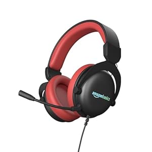 amazon basics Wired Over The Ear Gaming Headphones with Mic | RGB | 7.1 Channel Surround Audio | Remote Control (Black – Red)