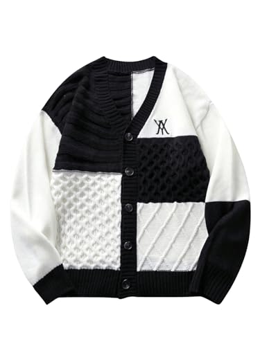 Men's Color Block Cardigan Sweaters Button Down Sweaters Long Sleeve V Neck Knitted Outerwear
