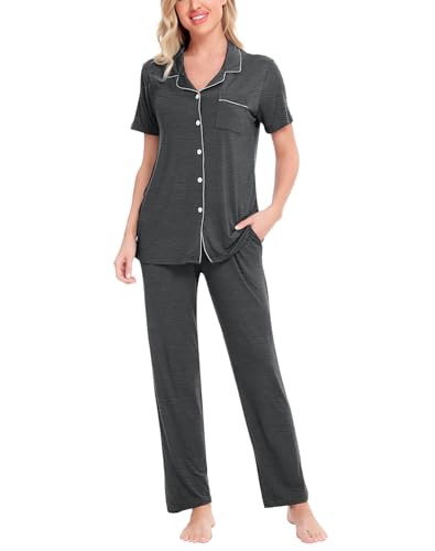 Image of SWOMOG Women Pajama Sets Two-Piece Nightwear Short Sleeve Sleepwear Button Down Pj Lounge Sets with Long Pants