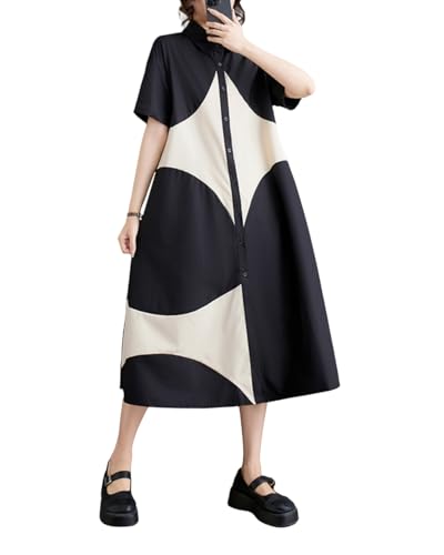 ellazhu Women's Short Sleeves Color Block Midi Length Button Down Shirt Dress GZ191 A