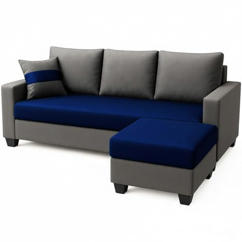 Image of FURNY Aura 5 Seater L Shape Sofa Set with 2 Movable Ottoman | Flexible Left or Right Layout | Plush Velvet Fabric (Dark Blue-Dark Grey) | Perfect for Living Room, Guest Room & Office