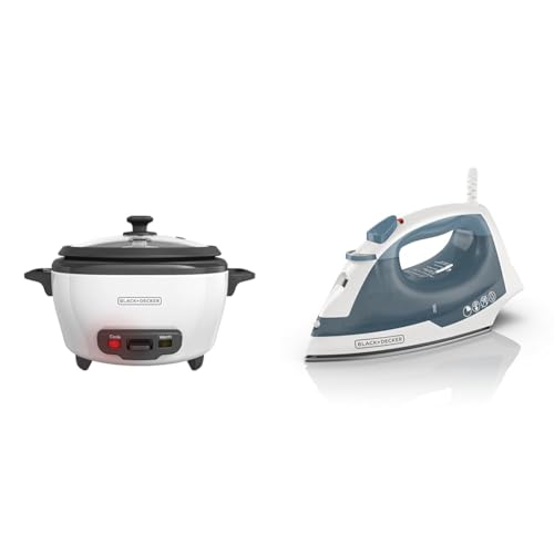 Image of BLACK+DECKER Rice Cooker 6-Cup (Cooked) with Steaming Basket, Removable Non-Stick Bowl, White & IR40V Textile Iron, Standard