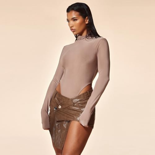 THLAI Womens Skirt Mini Skirt PU Leather Solid Button Irregular Cargo Skirt4