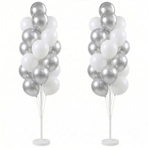 Image of Balloon Column Kit Set of 2 With Balloons Included - with Base, and Pole,Balloon Tower Backdrop Decoration for Wedding, Baby Shower, Birthday Party, or Bachelorette Parties (Silver White)