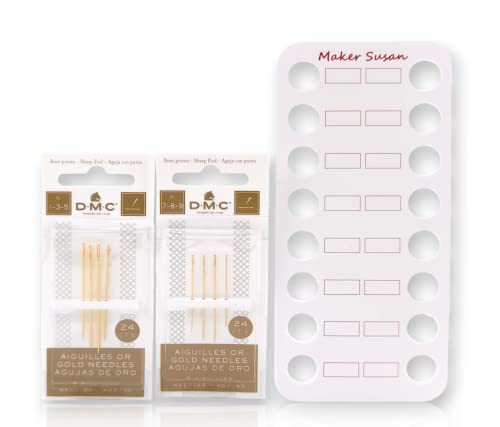 DMC Gold Embroidery Hand Needles (1-3-5-7-8-9 Bundle Pack), Large Eye Sharp End Embroidery and Cross Stitch Needles with Maker Susan Thread Organizer Card (Total 8 Needles, 1 Organizer Card)