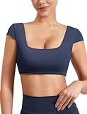 YEOREO Womens Square Neck Tank Tops Backless Summer Built in Bra Workout Crop Cap Sleeve Slice Casual Going Out Shirts Navy Blue S