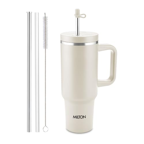 Image of Milton My Tumbler 1200 Thermosteel Double Wall Vacuum Insulated Stainless Steel Tumbler with Handle 1100ml,Leak Proof Travel Mug with Straw,Silicon Cap Cleaning Brush, Hot & Cold Beverage Flask, Ivory