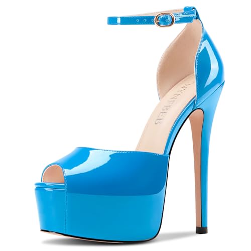 Image of TNYNFBEB Womens Stiletto High Platform Heel Peep Open Toe Sandals Ankle Strap Buckle Prom Party Dress Patent Leather 6.1 Inches Heels