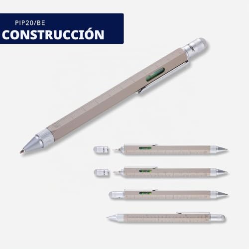 TROIKA Construction bolígrafo multitarea gris de latón con regla y nivel 2