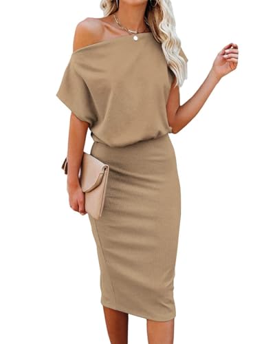 Image of EZBELLE Women's Summer Dress Off The Shoulder Short Sleeve Ribbed Casual Party Bodycon Midi Dresses