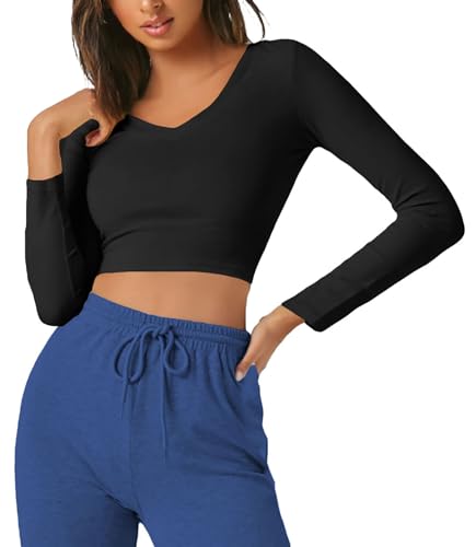 Image of THE BLAZZE Women's Cotton Stylish Stretchable Deep V Neck Long Sleeve Crop Top for Women L516