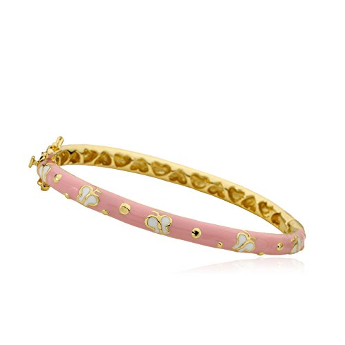 14K Gold Plated Enamel Bangle for Kids and girls - Trendy Oval Bangles for Girls, Kids, Teens - Hypoallergenic Surgical Steel for Sensitive Skin Pink - White Butterflies