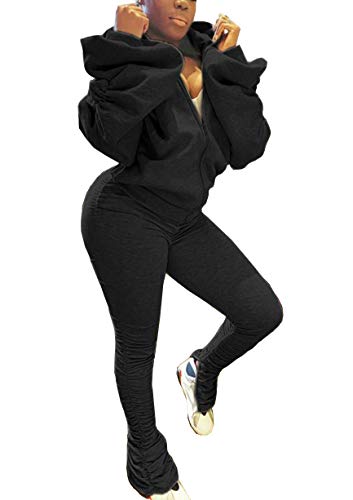 Womens 2 Piece Club Outfit Sexy Open Back Zipper Hoodie Jacket Jogger Stacked Leggings Set Sweatsuit Tracksuit Black XL