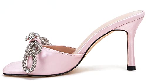Vetaste Women's Heeled Sandals Square Open Toe Double Bow Satin Mules Heels Wedding Party Slip On Stilettos #TOP2
