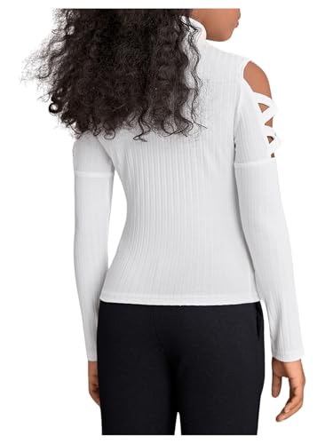 Image of RoseSeek Girl's Long Sleeve Mock Neck Ribbed Knit Tee Shirts Crisscross Cold Shoulder Tops White 11-12Y