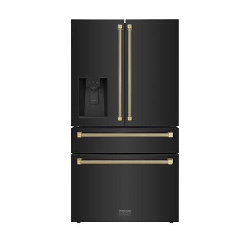 Image of ZLINE Autograph Edition 36 in. 21.6 cu. ft. Counter-Depth French Door Refrigerator with Water and Ice Dispenser in Fingerprint-Resistant Black Stainless Steel with Champagne Bronze Helix Handles