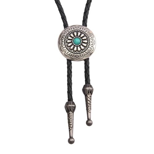 Image of GelConnie Bolo Tie for Men Women Western Cowboy Turquoise Leather Necktie | Natural Stone Bolo Tie Necklace for Women Rodeo Cowboy Leather Necktie Native American Western Cowgirl Ties Adjustable Cord