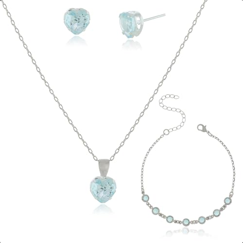 Kit Semijoia Banhado Prata 925 com Pulseira, Colar e Brinco Coração Azul