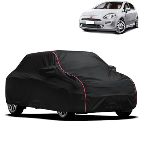 Image of Waterproof Car Cover for Fiat Punto | All-Weather Protection, Dustproof & UV Resistant | Triple Stitched Mirror Pockets, Windproof Buckle Strap with Elastic Hem, Black-Red Piping